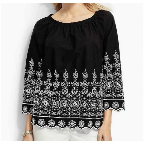 Talbots Tops - Talbots Black Cotton Eyelet Boho Off Shoulder 3/4 Sleeve Top Women's 2X Travel